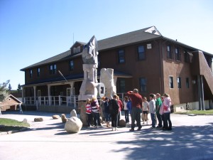 Project coordinator and Lamoine Elem and Hancock Elem Schools with Jhon Gogaberishvili's sculpture, "Islands of Maine"