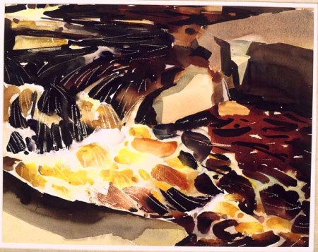 Trout Stream, Spring by James Fitzgerald watercolor, 19.5 x 24.5 in. All reproduction rights reserved.