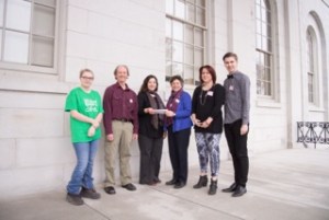 MSAD#33 Student Riley Theriault; Teaching Artist John Morris; MSAD 33# Art Educator Theresa Cerceo; Maine Arts Commission Director of Arts Education Argy Nestor; Thornton Academy Dance Teacher Emma Campbell; and Thornton Academy student dancer Vojtech Machytka. Photo courtesy of the Maine Arts Commission. 