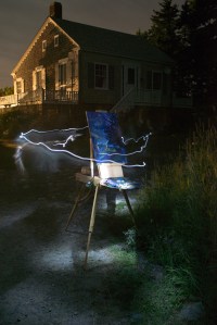 Photo by Bradley Beukema; 2016 resident and art teacher Krisanne Baker night painting on Monhegan.