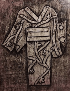 Invitation artwork created by Lizzie Valdmanis grade 6 collagraph kimono