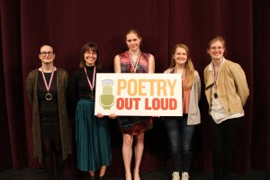 Poetry Out Loud Northern Regional Finalists left to right: Antyna Gould, Medomak Valley High School; Gabrielle Cooper, Gardiner Area High School; Emma Beyor, Erskine Academy; Kate Hodgson, Camden Hills Regional High School; Natalie Lisnet, Bangor High School.