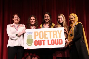 Poetry Out Loud Southern Regional Finalists left to right: Sabrina Small, Maine Coast Waldorf School; Skyler Vaughn, The Maine Girls’ Academy; Arielle Leeman, Morse High School; Jordan Bryant, Greely High School; Amran Mahamed, Deering High School.